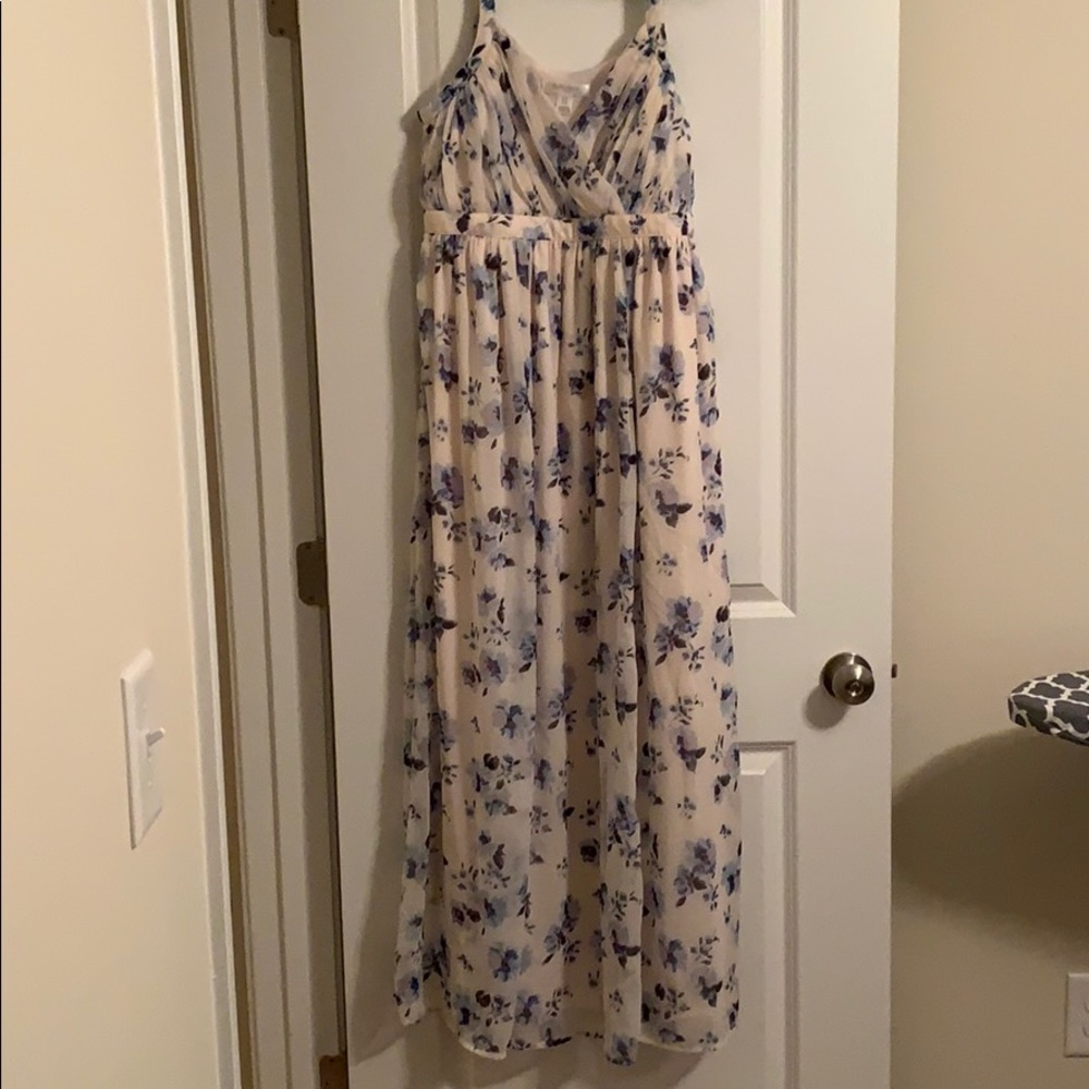 Pink with blue flowers maternity dress.